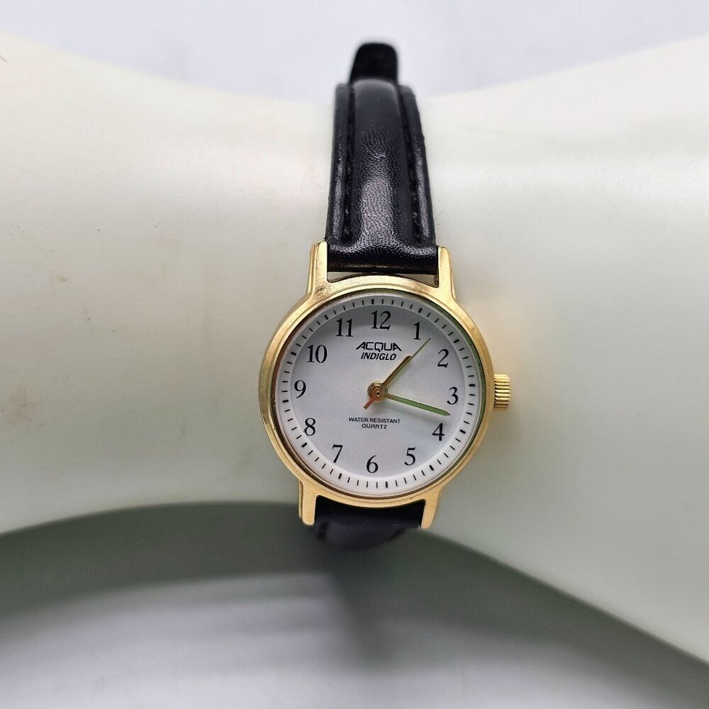 Acqua Indiglo Womens Quartz Watch Gold Case Black Leather Band Stainless Steel